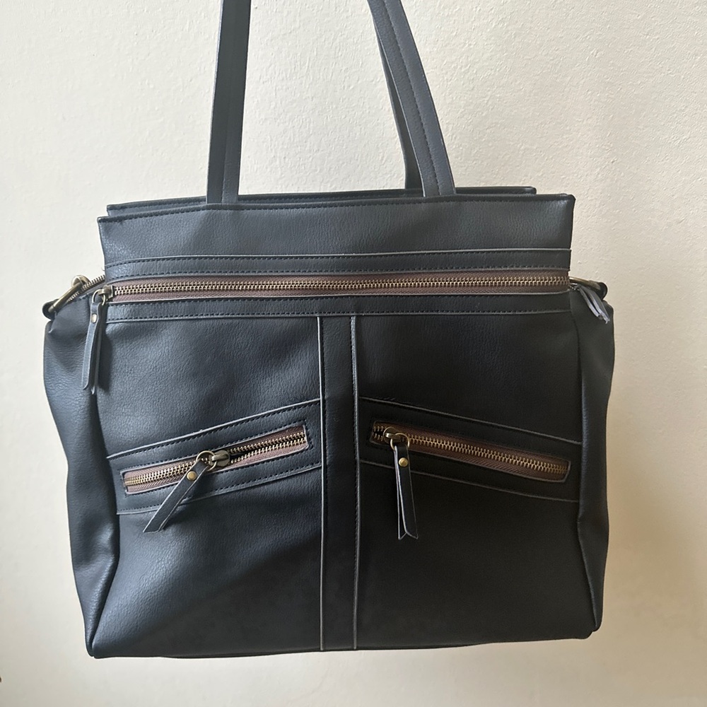 large black leather tote bag